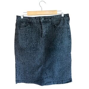 NYDJ Womens Size 6 Black Leopard Print Denim Skirt Lift Tuck Knee Length Pencil